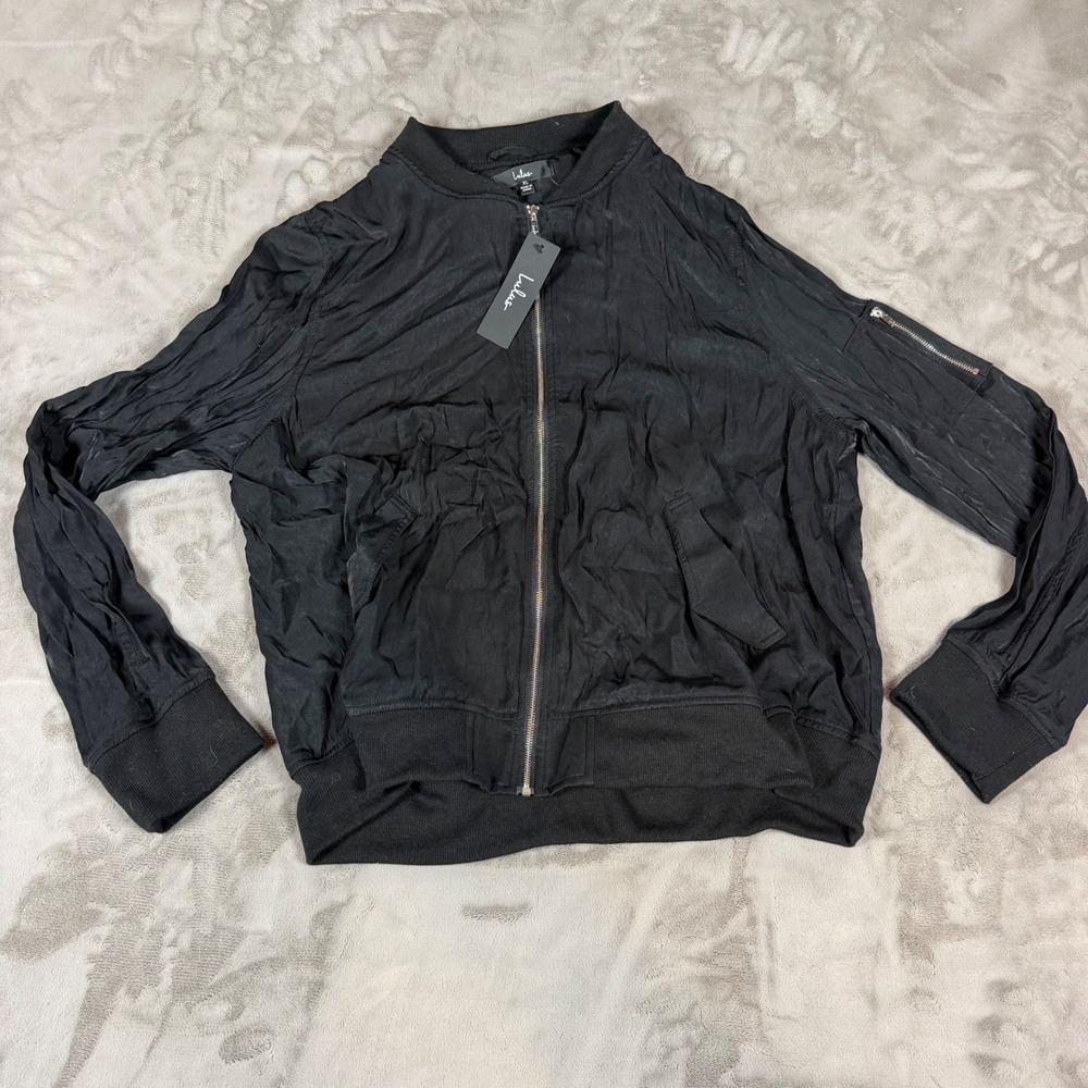 Lulus Womens Black Cupro Rayon Blend Zip Up Bomber Jacket XL Utility Pocket